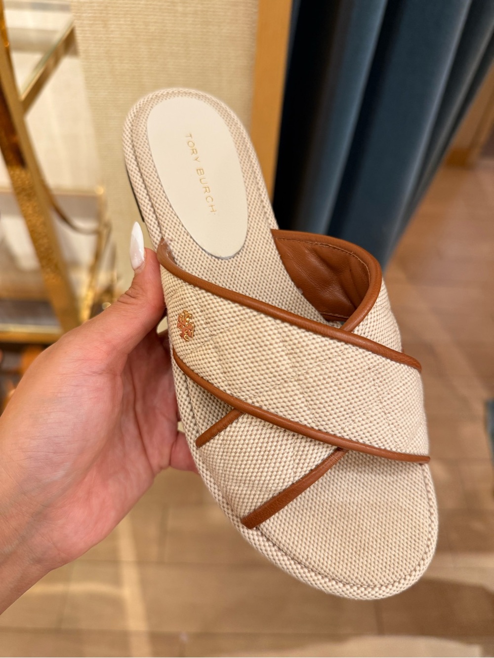 Tory Burch Willa Criss Cross Flat Slide Sandals Natural Canvas Brown Leather - Picture 3 of 7